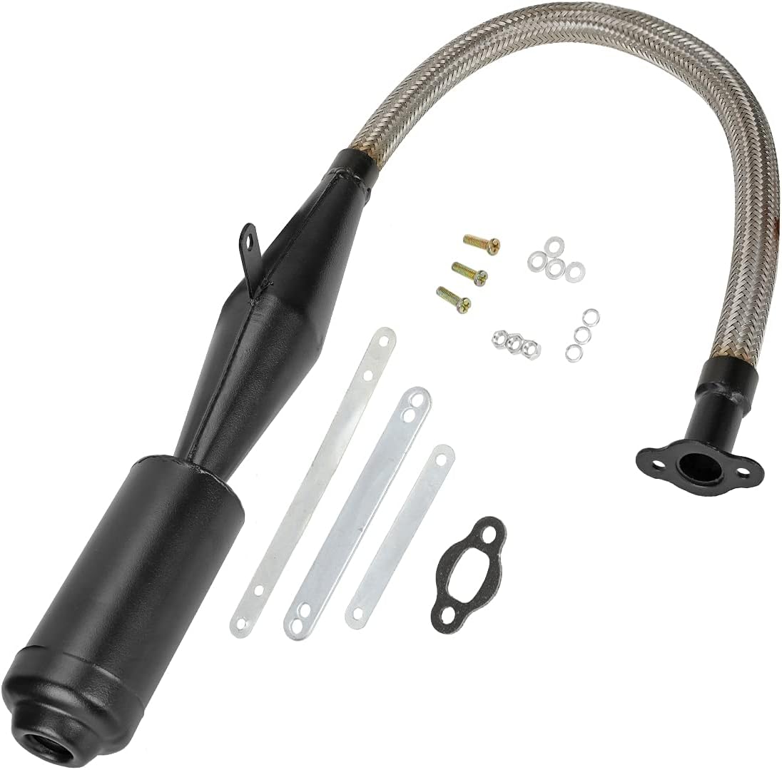 FVRITO Stainless Steel Flexible Exhaust Muffler Pipe Silencer Gasket for 2 Stroke 49cc 60cc 66cc 80cc 100cc Engine Gas Motorized Bicycle Motor Bike Black