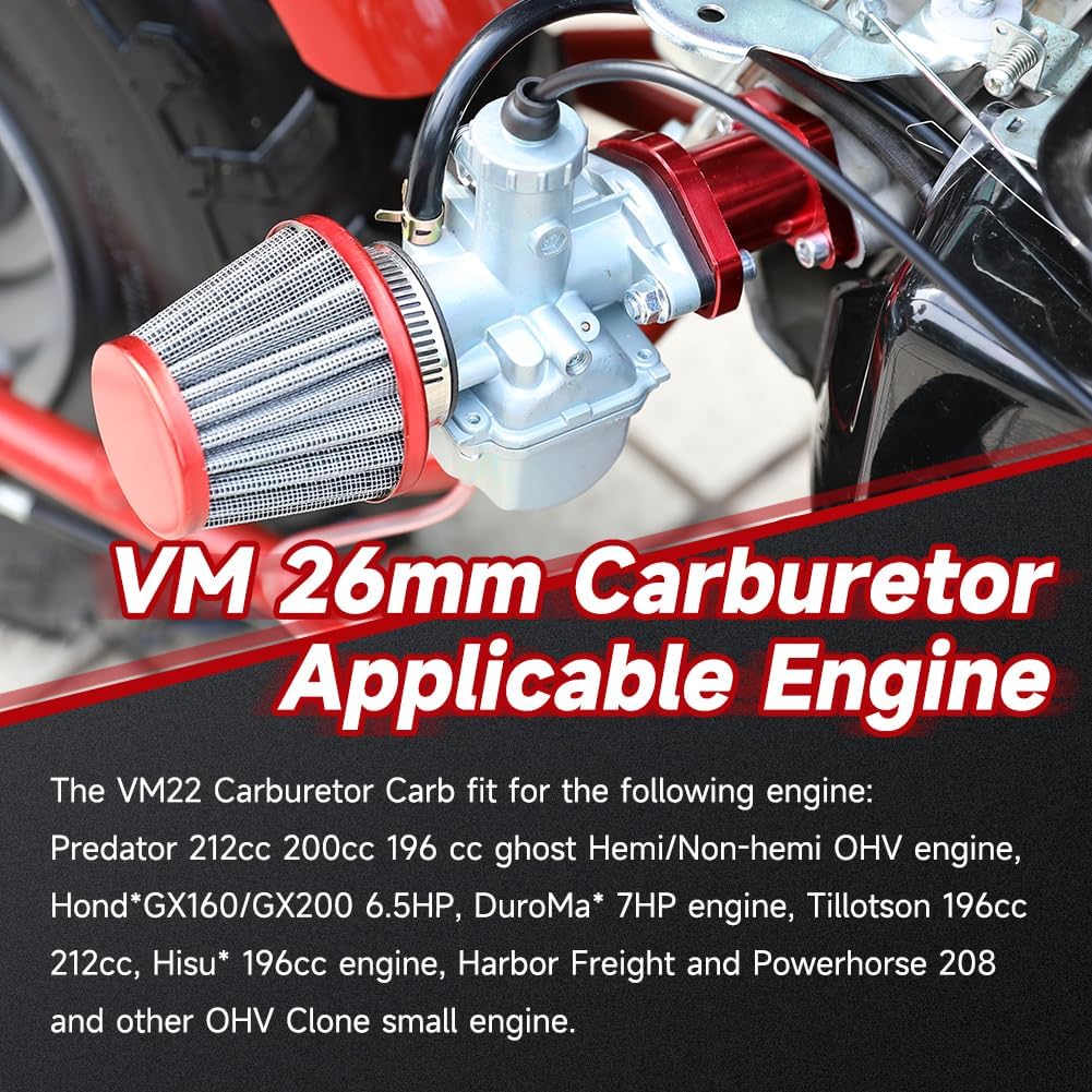 FVRITO VM22 26mm Carburetor Throttle Assembly Main Jets Kit for Predator 212cc 224cc 196cc Non Hemi Coleman CT200U BT200X Mini Bike KT196 Go Kart 6.5HP GX160 Clone Engine Baja MB200 Performance Parts
