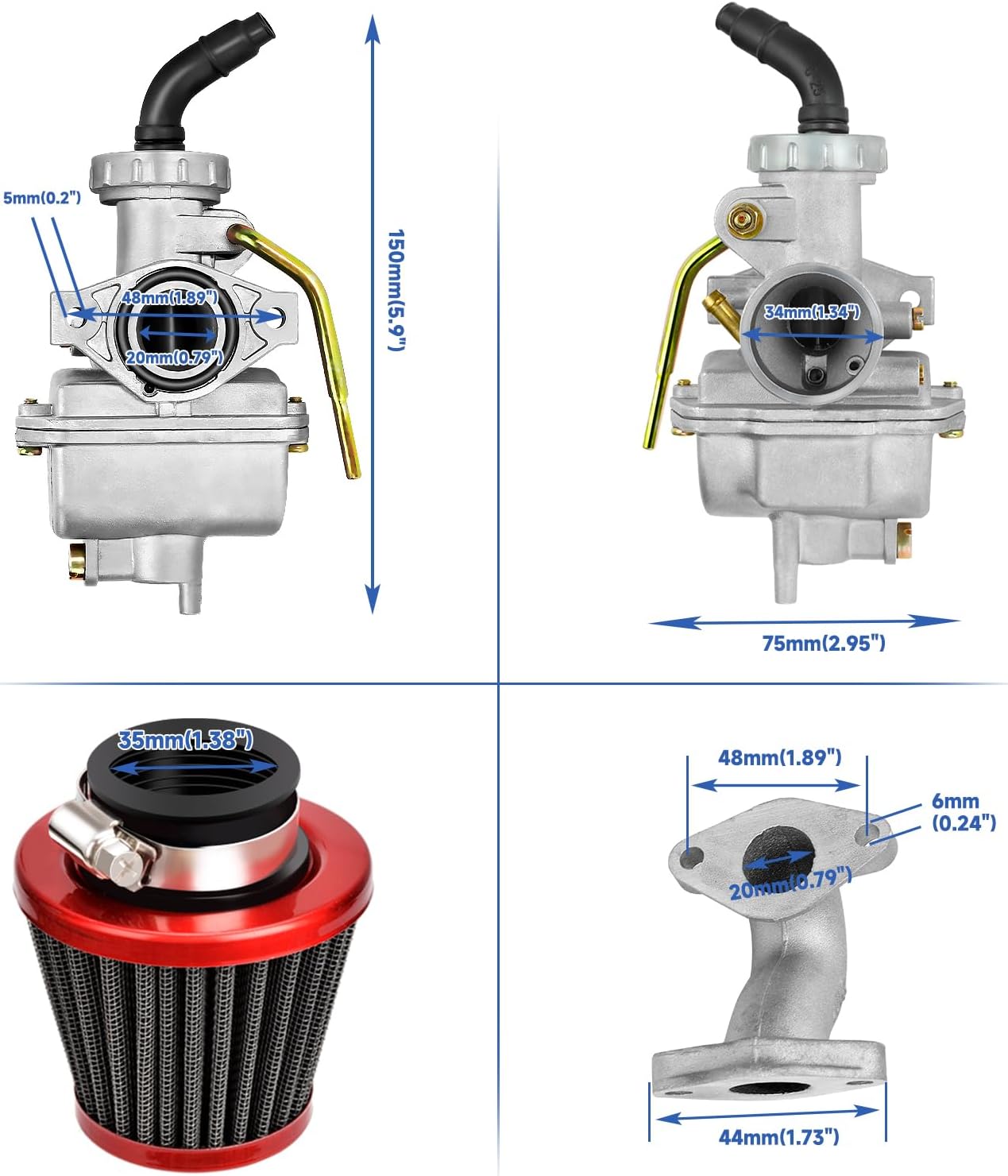 FVRITO PZ20 Carburetor Thumb Throttle Kit Compatible with Tao tao Coolster 125cc 110cc Chinese ATV Quad 4 Wheeler 50cc 70cc 90cc 4 Stroke Engine Kazuma Baja SunL Roketa Vitacci Loncin Lifan Parts