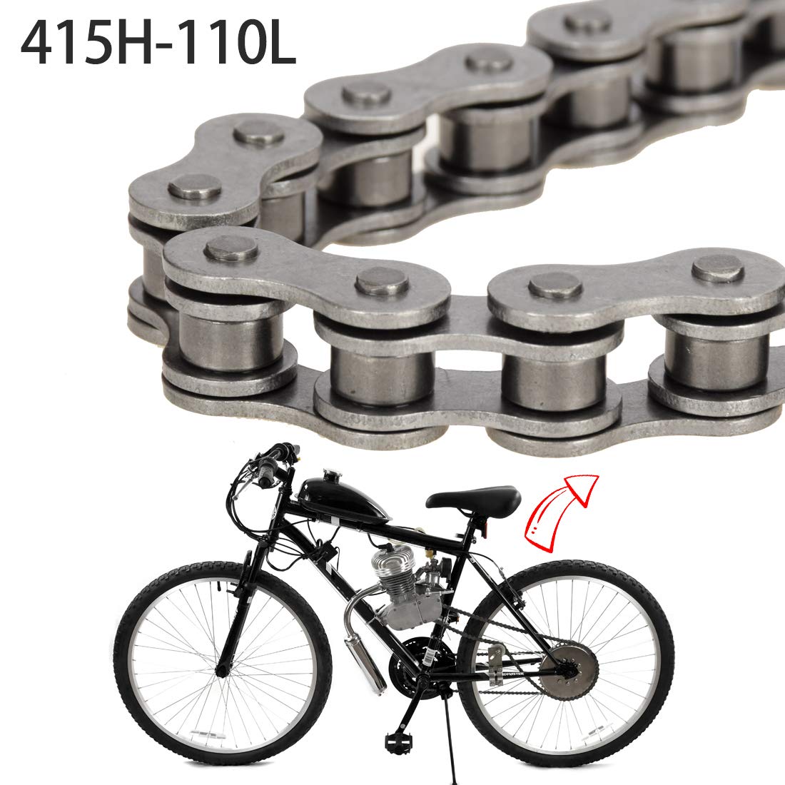 FVRITO 415H Chain 110L Link Heavy Duty and Master Link Chain Tensioner Guide Idler Pulley Roller for 2 Stroke 49cc 60cc 66cc 80cc Engines Motorized Bicycle Motor Bikes High Power Racing Parts