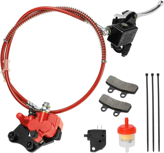 FVRITO Front Disc Hydraulic Brake Master Cylinder Caliper Handle Lever Line Assembly with Brake Pads for 50cc 70cc 90cc 110cc 125cc SSR TaoTao Apollo Coolster Moped Scooter Chinese Pit Dirt Bike Red