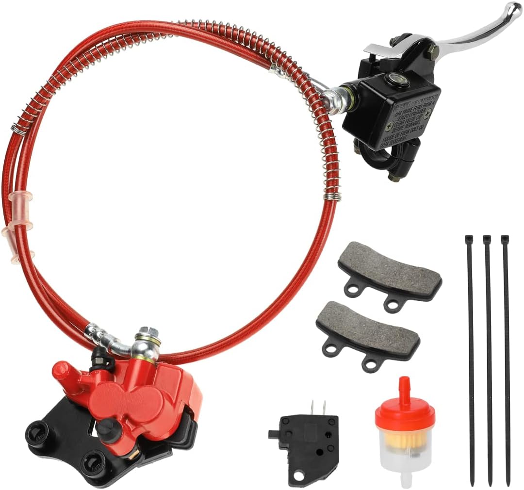 FVRITO Front Disc Hydraulic Brake Master Cylinder Caliper Handle Lever Line Assembly with Brake Pads for 50cc 70cc 90cc 110cc 125cc SSR TaoTao Apollo Coolster Moped Scooter Chinese Pit Dirt Bike Red