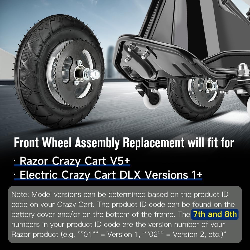 FVRITO Premium Front Wheel Assembly Replacement for Razor Crazy Cart (V5+),Crazy Kart DLX Electric Drifting Cart 200x50 Tire Tube Chain Sprocket Axle and Rim Parts Accessories
