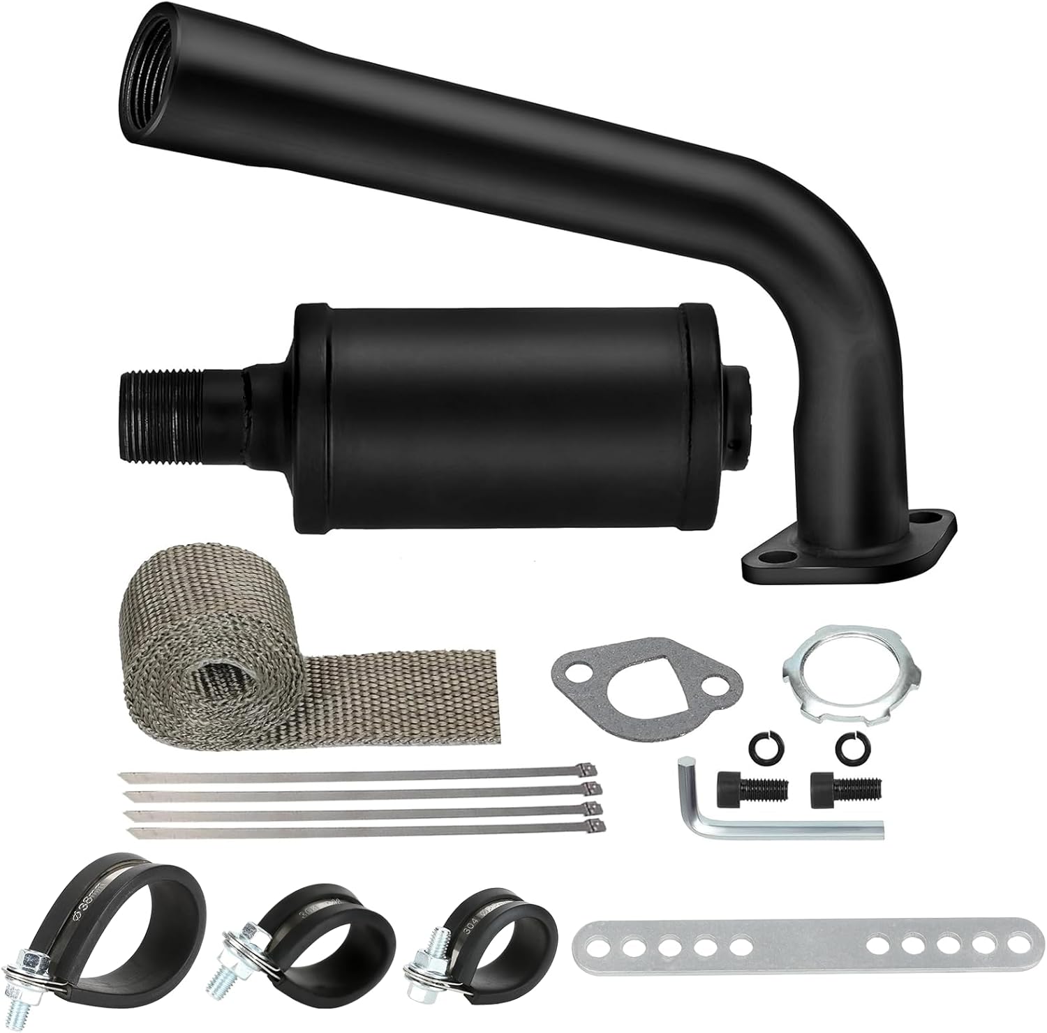FVRITO Thickened Exhaust Header Pipe Muffler with Heat Shield Tape Kit for Non Hemi 6.5HP Predator 212cc 196cc GX160 GX200 Coleman CT200u BT200X KT196 Baja MB200 Clone Mini Bike Go Kart Parts Black