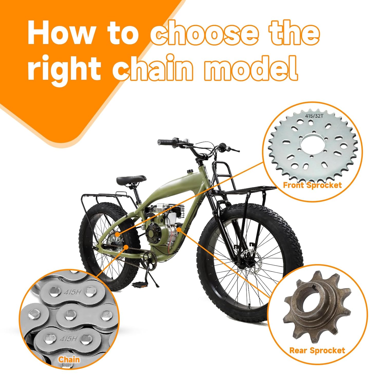 FVRITO 415H Chain 110L Link Heavy Duty and Master Link Chain Tensioner Guide Idler Pulley Roller for 2 Stroke 49cc 60cc 66cc 80cc Engines Motorized Bicycle Motor Bikes High Power Racing Parts