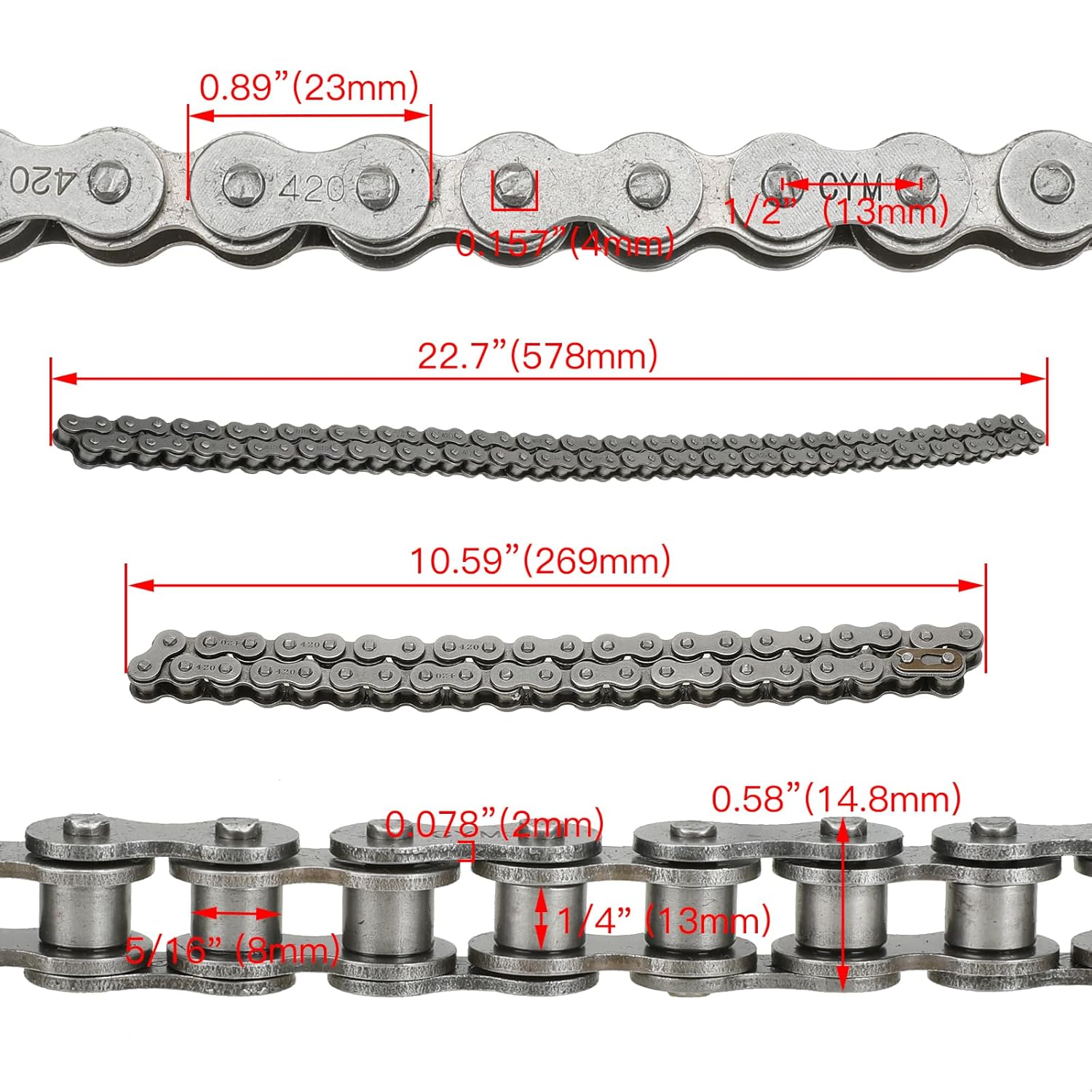 FVRITO 420 Drive Chain Compatible with Mini Bike Coleman CT200U CT200U-EX BT200X B200R Baja Warrior MB200 Massimo Axis M200 Predator 212 196cc 6.5HP Minibike Parts Front 42 & Rear 90 Link Roller Chain