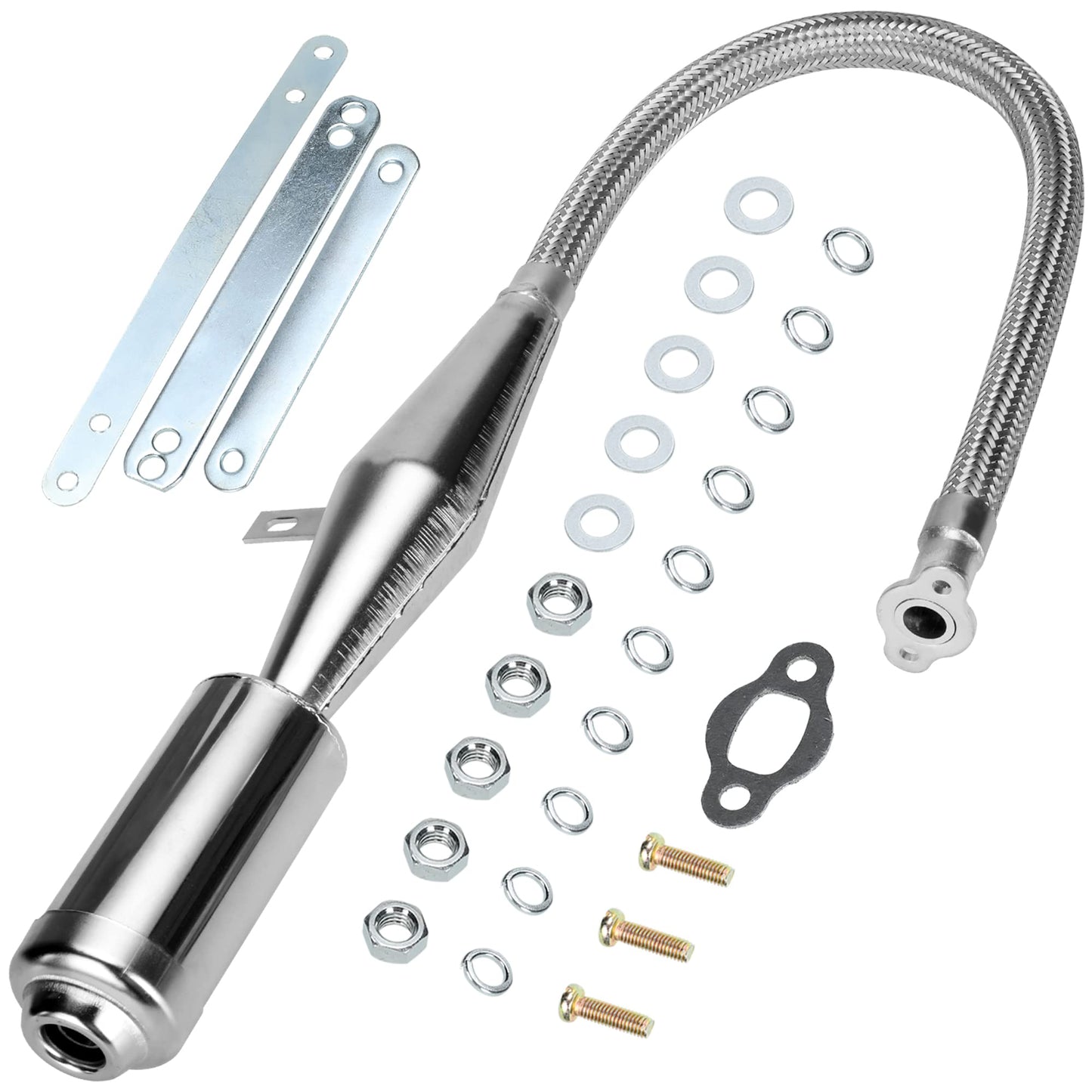 FVRITO Stainless Steel Flexible Exhaust Muffler Pipe Silencer Gasket for 2 Stroke 49cc 60cc 66cc 80cc 100cc Engine Gas Motorized Bicycle Motor Bike Black