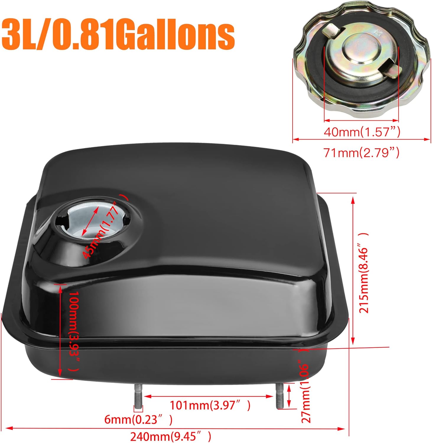 FVRITO Gas Fuel Tank with Stainsless Cap for Hemi Predator 212cc 196cc 5.5hp 6.5hp Coleman CT200u CT200u-ex BT200x KT196 Massimo Baja Warrior MB200 GX160 GX200 Mini Bike Go Kart Small Engine Parts