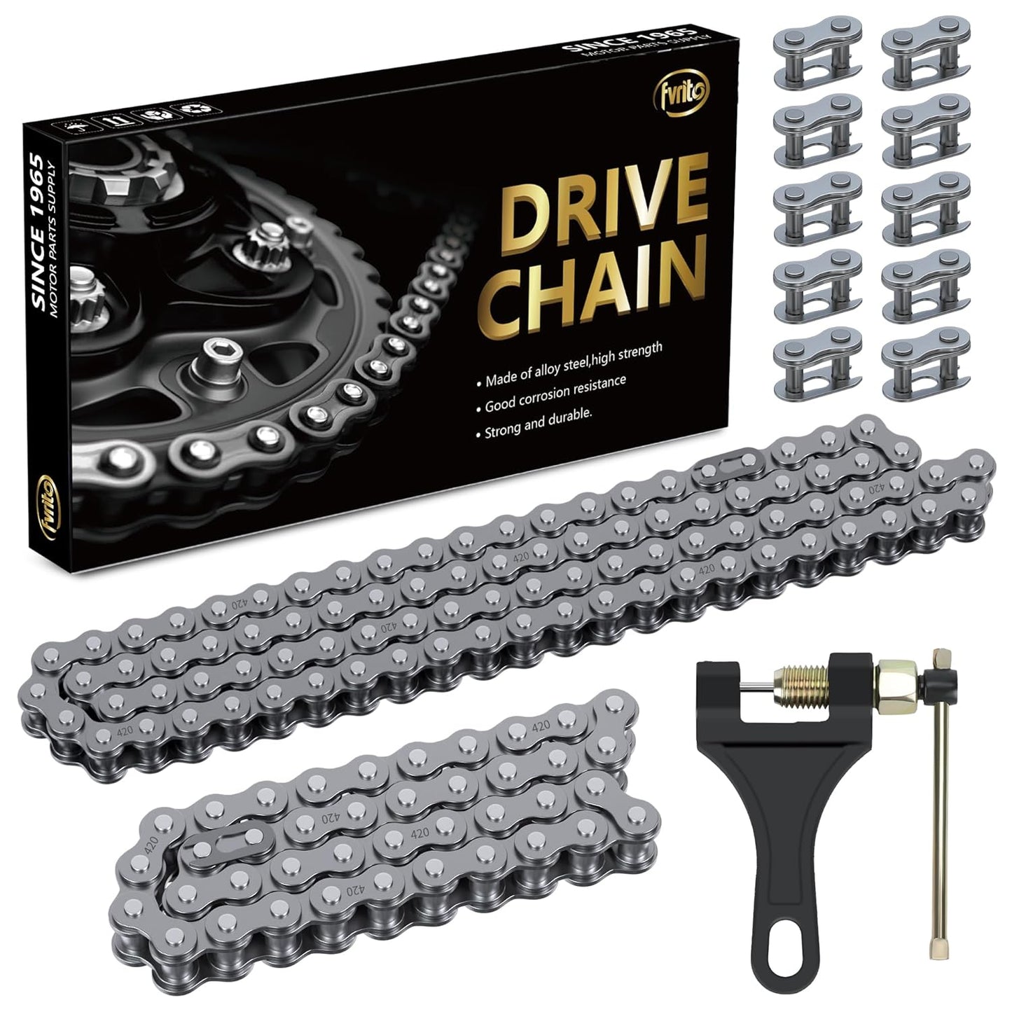 FVRITO 420 Drive Chain Compatible with Mini Bike Coleman CT200U CT200U-EX BT200X B200R Baja Warrior MB200 Massimo Axis M200 Predator 212 196cc 6.5HP Minibike Parts Front 42 & Rear 90 Link Roller Chain